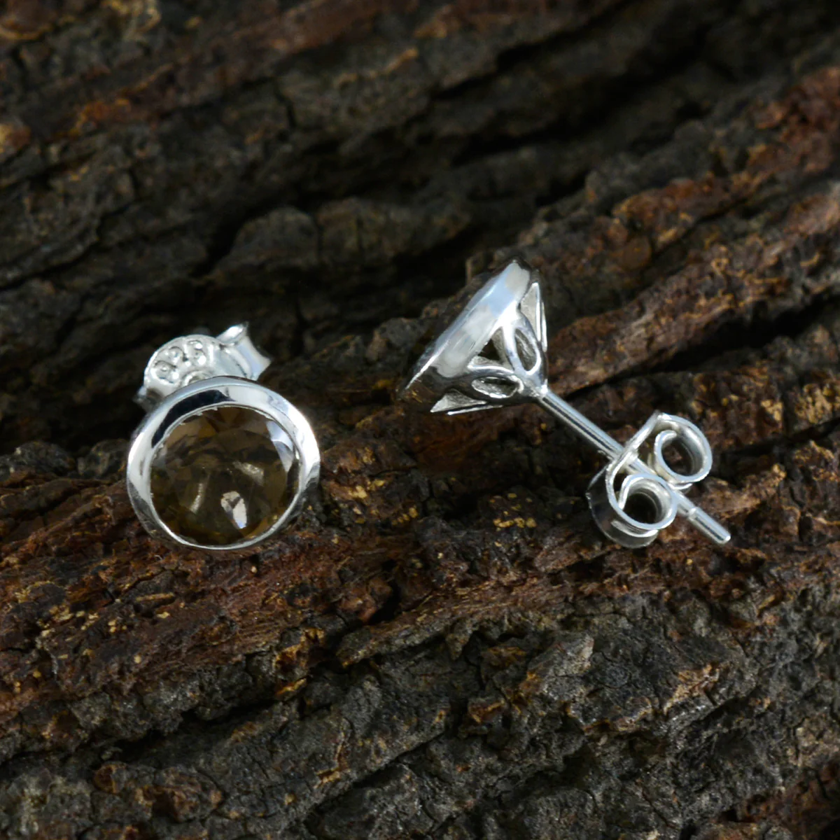 Smoky Quartz German Ayaka Solitaire Stud Brown 925 Silver Earring - Image 3