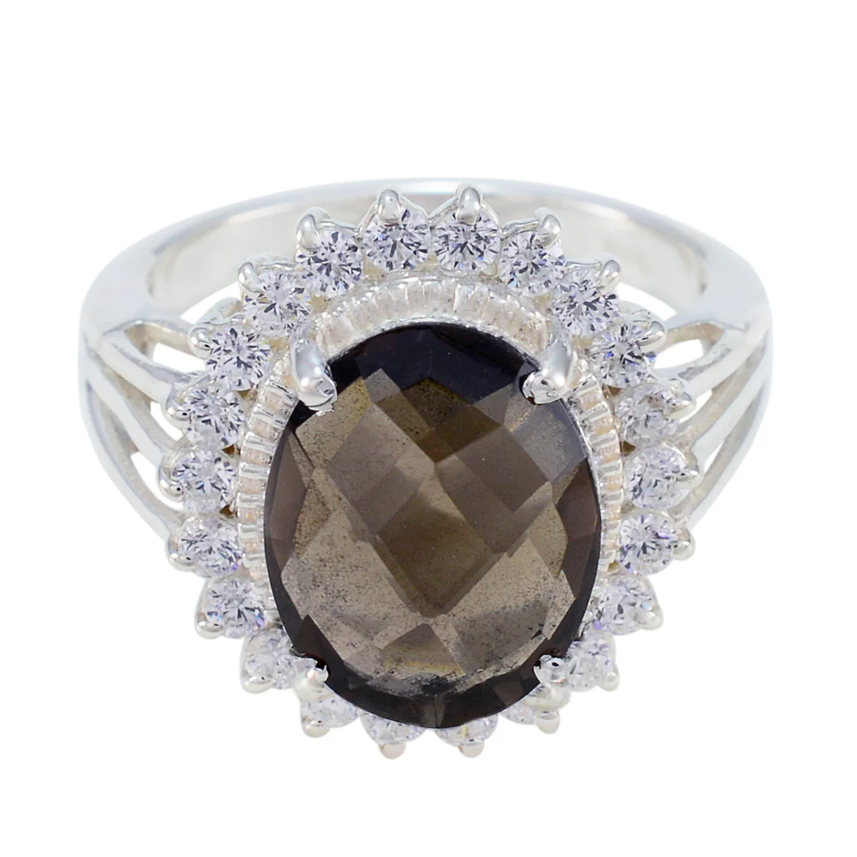 Smoky Quartz Halo Egyptian 92.5 Silver Brown Gemstone Classic Signet Ring Jewelry - Image 2