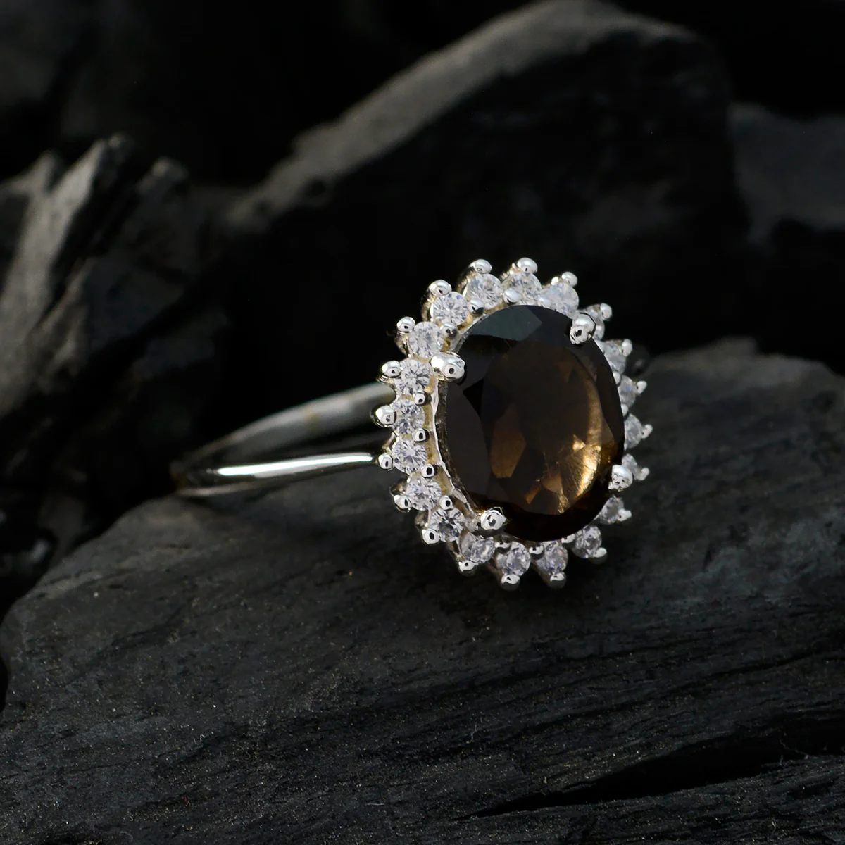 smoky quartz Halo Korean 92.5 Silver Brown Gemstones Whisper-thin Modern Ring Jewelry - Image 5