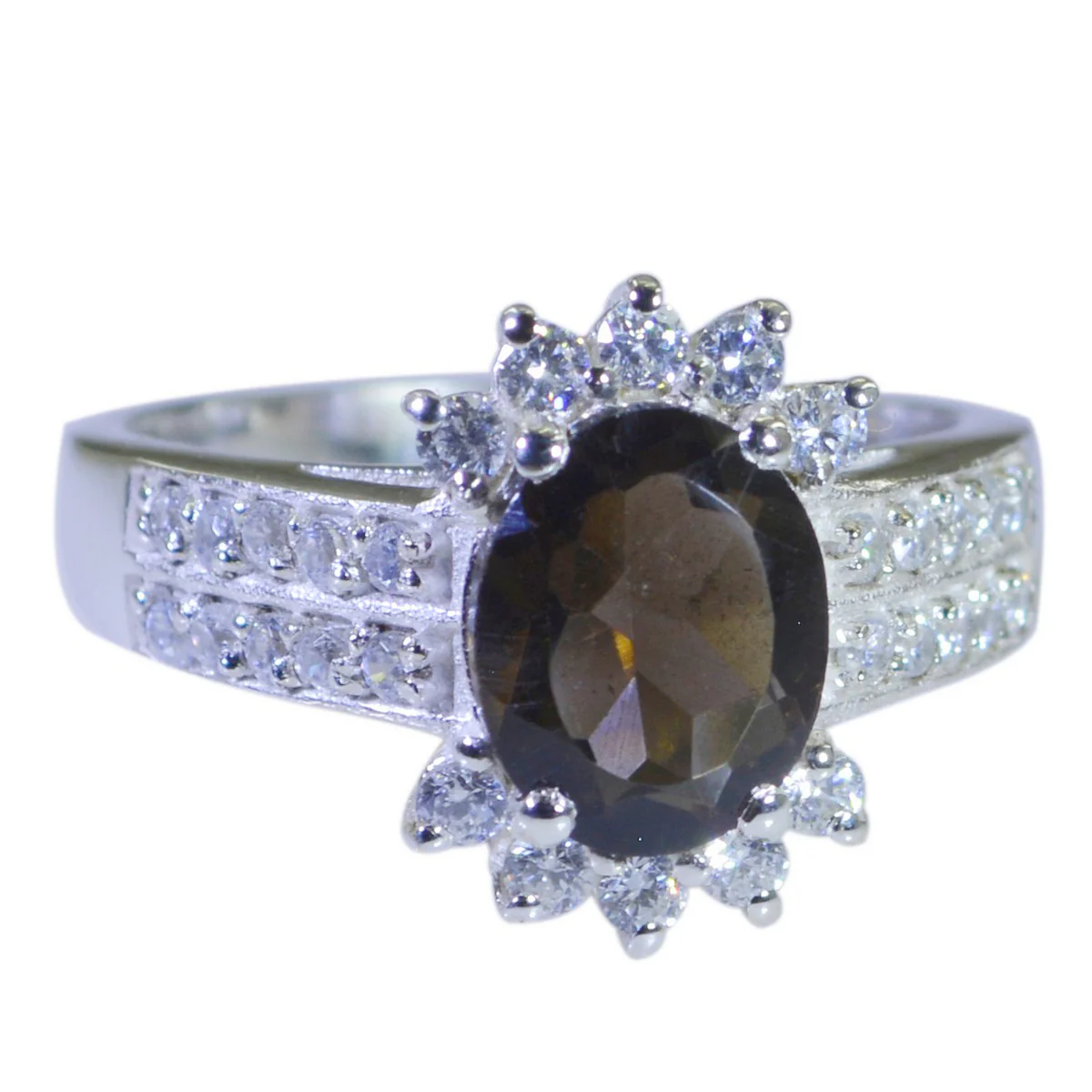 smoky quartz Halo Moroccan Silver Brown Gemstones Classic Contemporary Ring Jewelry - Image 2