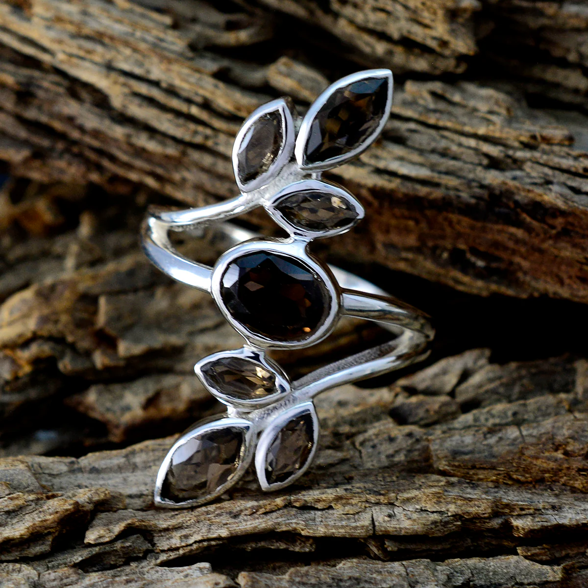 smoky quartz Hepta French 92.5 Silver Brown Gemstone Classic Leafy Ring Jewellery - Image 3