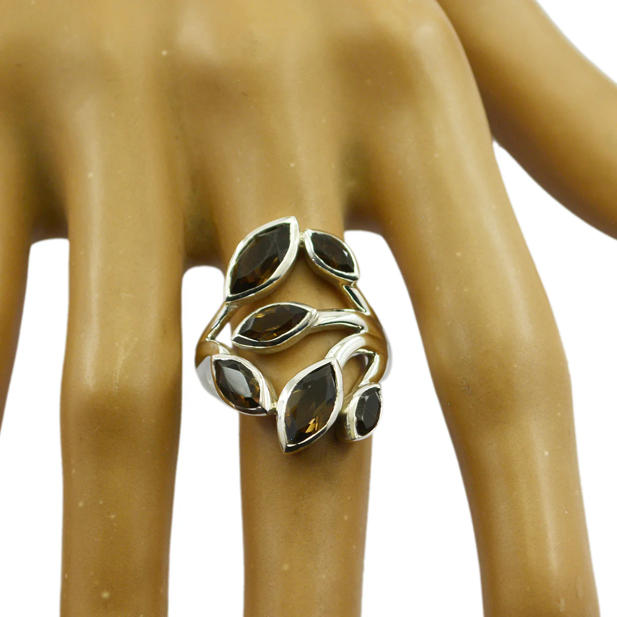 smoky quartz Hexa German 925 Sterling Silver Brown Gems Versatile Leafy Ring Jewellery - Image 3