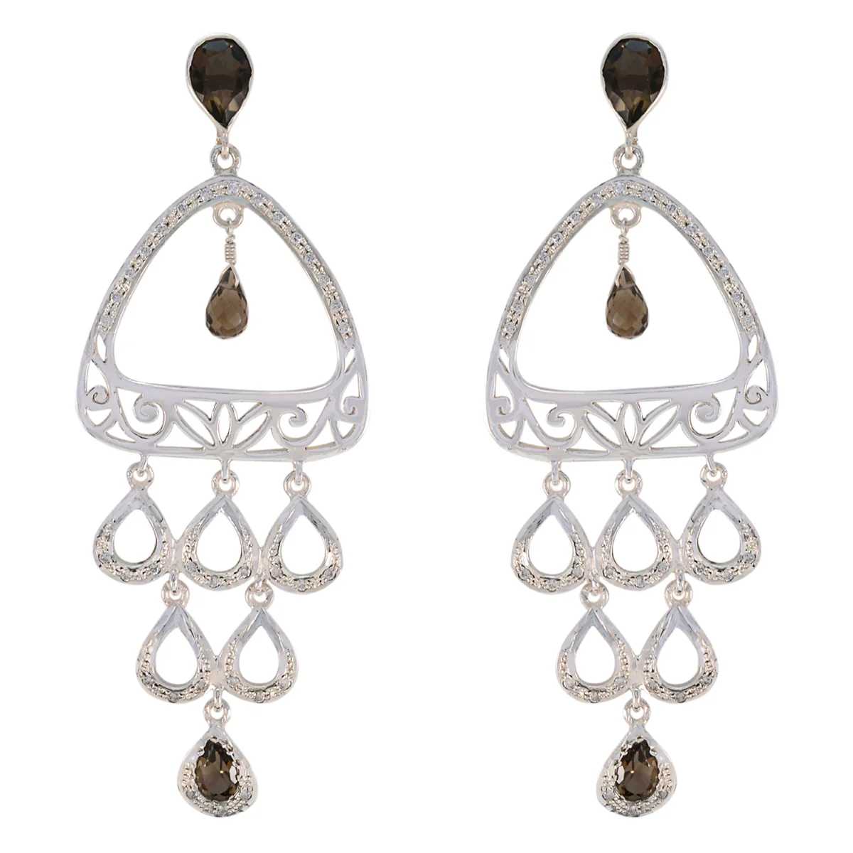 Smoky Quartz Indian Maria multiple Dangle Brown 925 Sterling Silver Earring