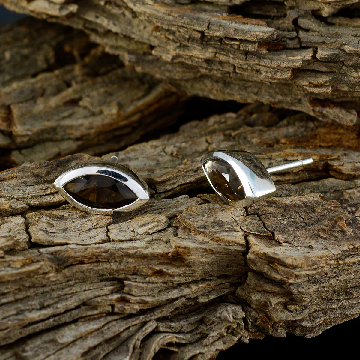 Smoky Quartz Italian Lorena Solitaire Stud Brown Silver Earring - Image 3