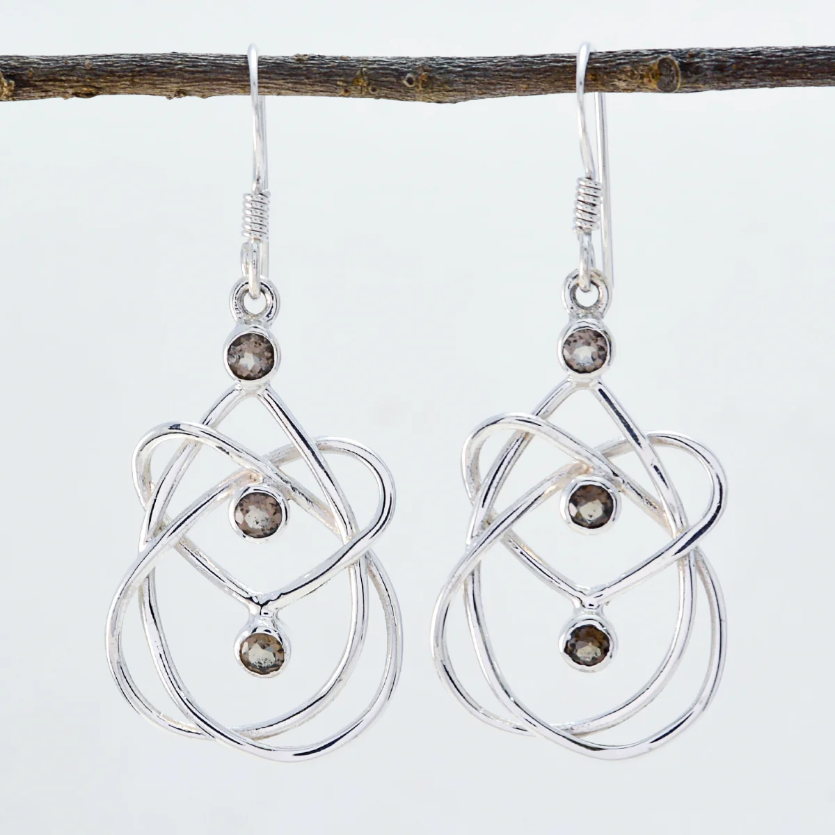 Smoky Quartz Japanese Maya multiple Dangle Brown Silver Earring - Image 2
