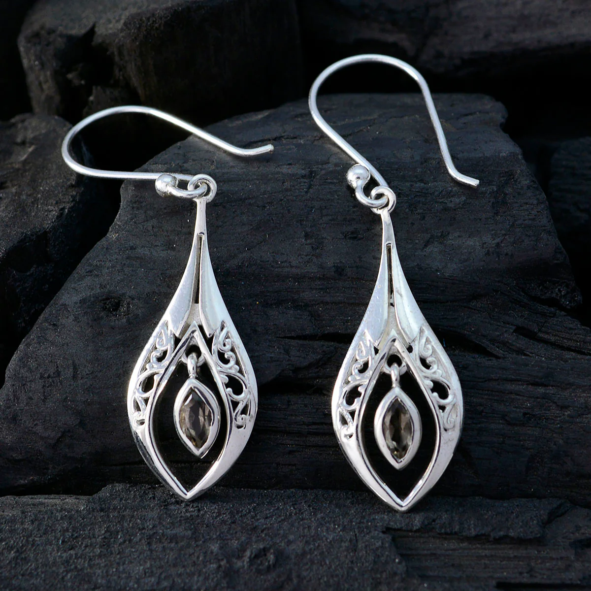 Smoky Quartz Korean Camila Solitaire Dangle Brown Silver Earring - Image 2