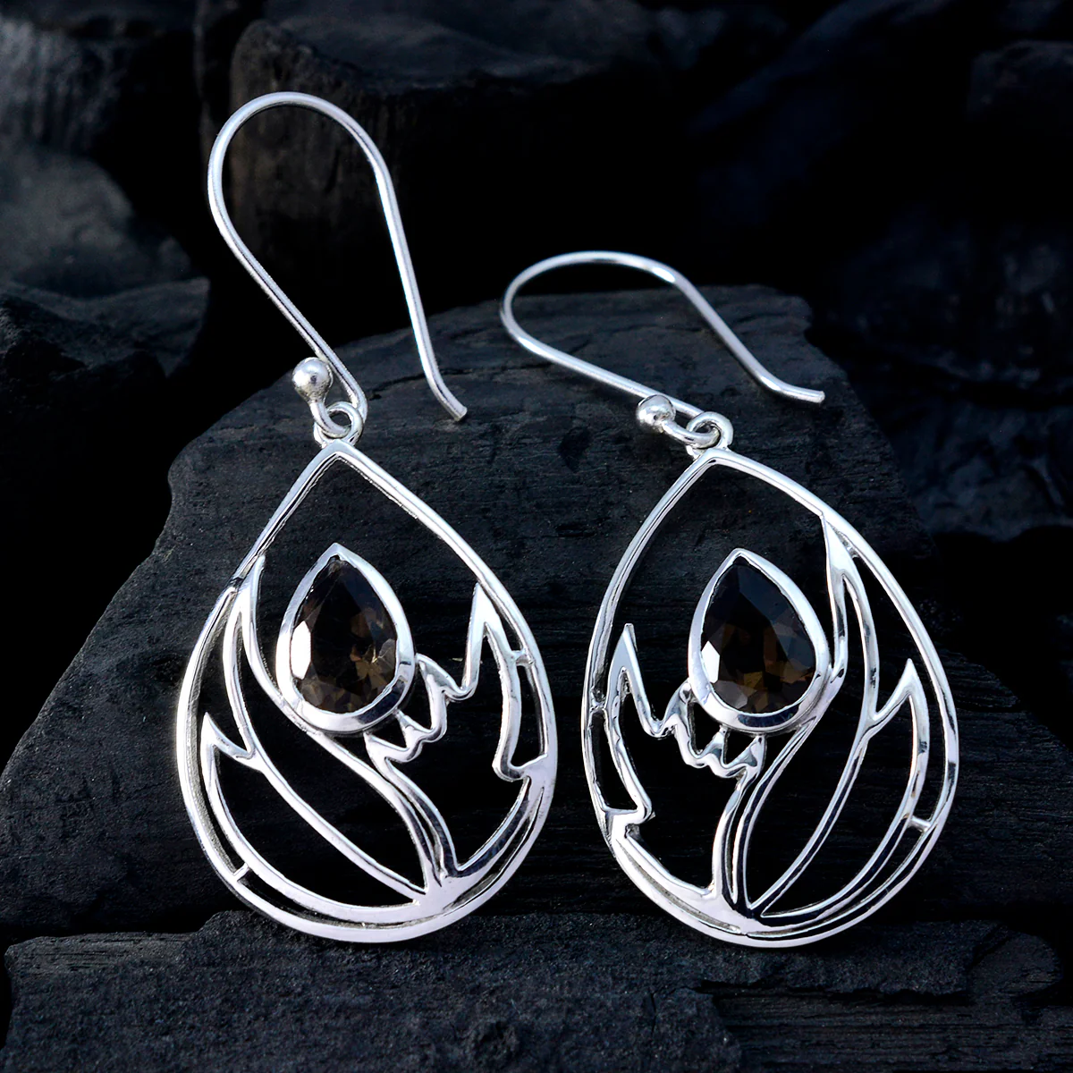 Smoky Quartz Mexican Constanza Solitaire Dangle Brown 925 Sterling Silver Earring - Image 2