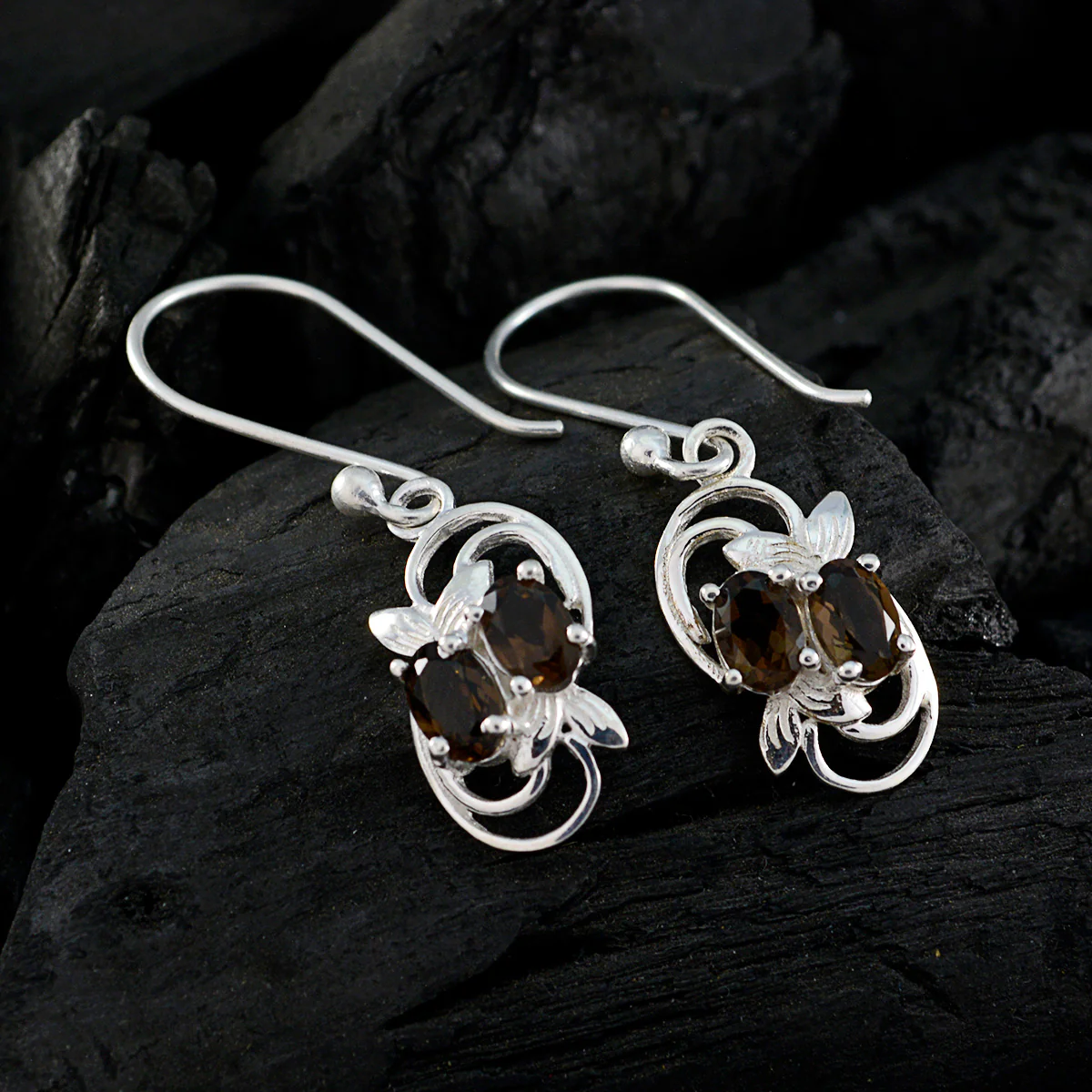 Smoky Quartz Middle Eastern Katharina multiple Dangle Brown Silver Earring - Image 2