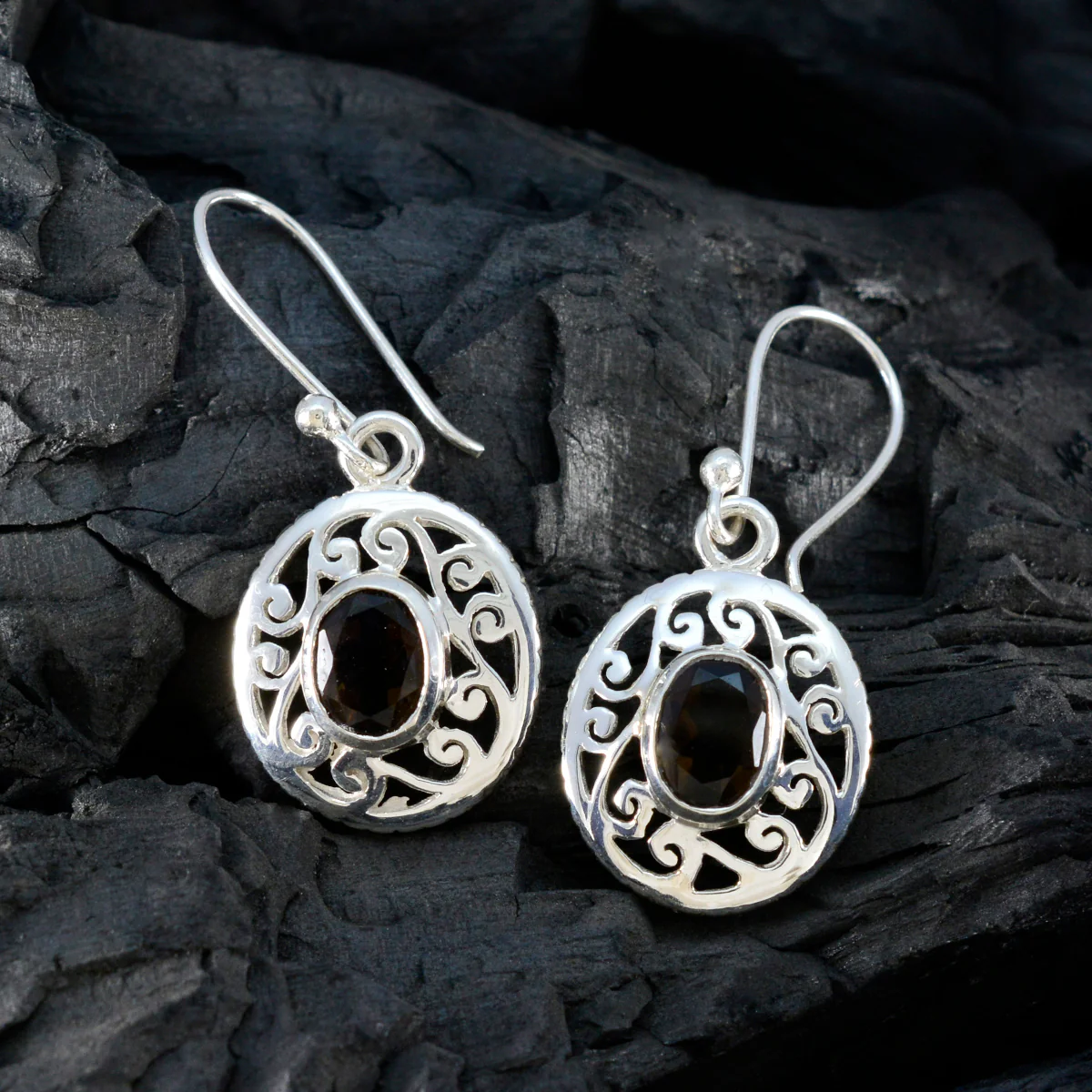 Smoky Quartz Middle Eastern Ying Solitaire Dangle Brown 92.5 Silver Earring - Image 5
