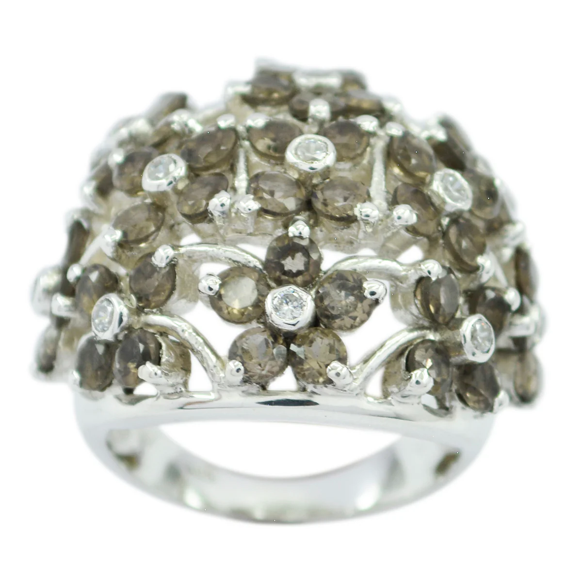 smoky quartz multiple African 92.5 Silver Brown Gemstones Statement Floral Ring Jewelry