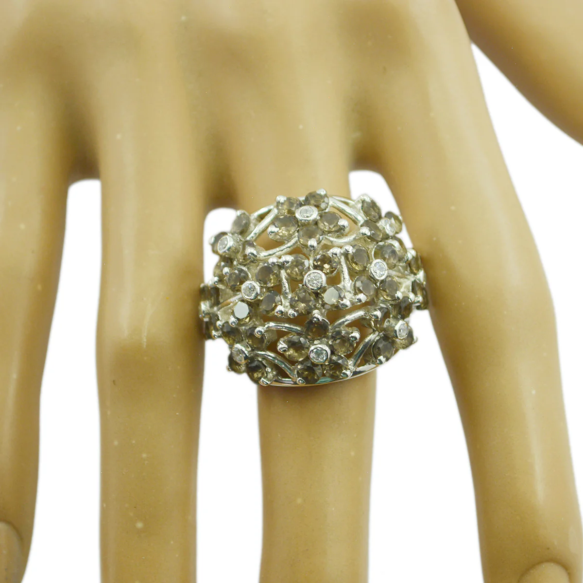 smoky quartz multiple African 92.5 Silver Brown Gemstones Statement Floral Ring Jewelry - Image 2