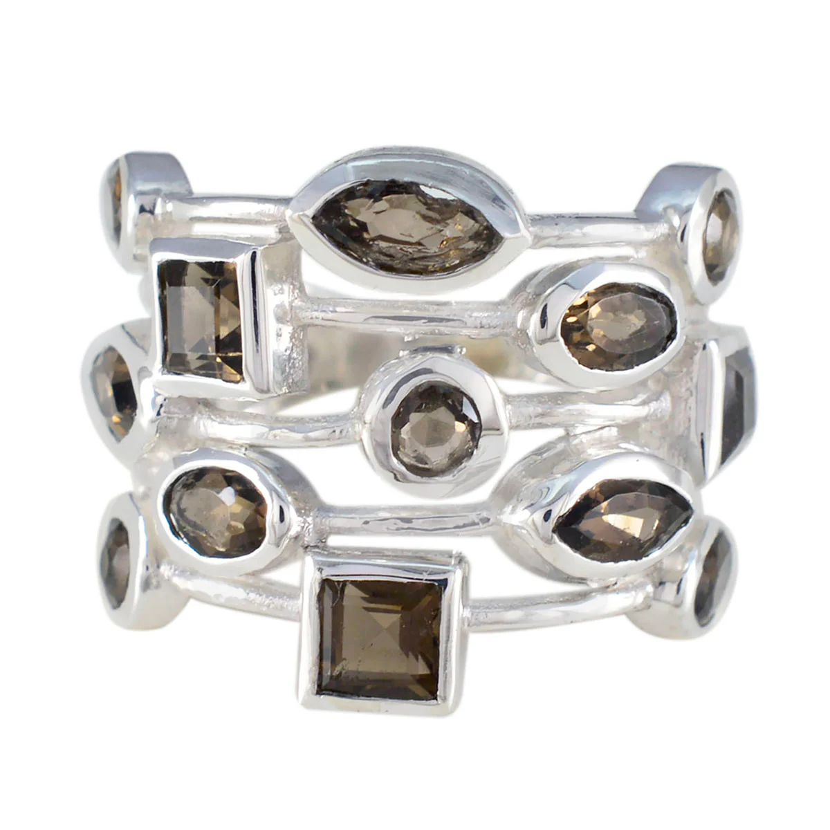 Smoky Quartz multiple Russian Silver Brown Gemstone Eye-catching Abstract Ring Jewelry