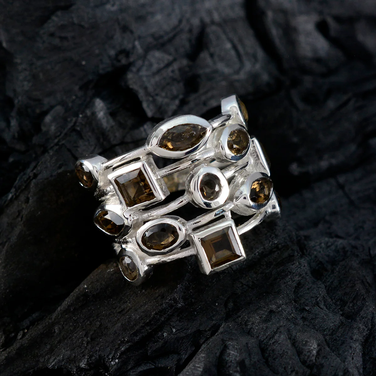 Smoky Quartz multiple Russian Silver Brown Gemstone Eye-catching Abstract Ring Jewelry - Image 4