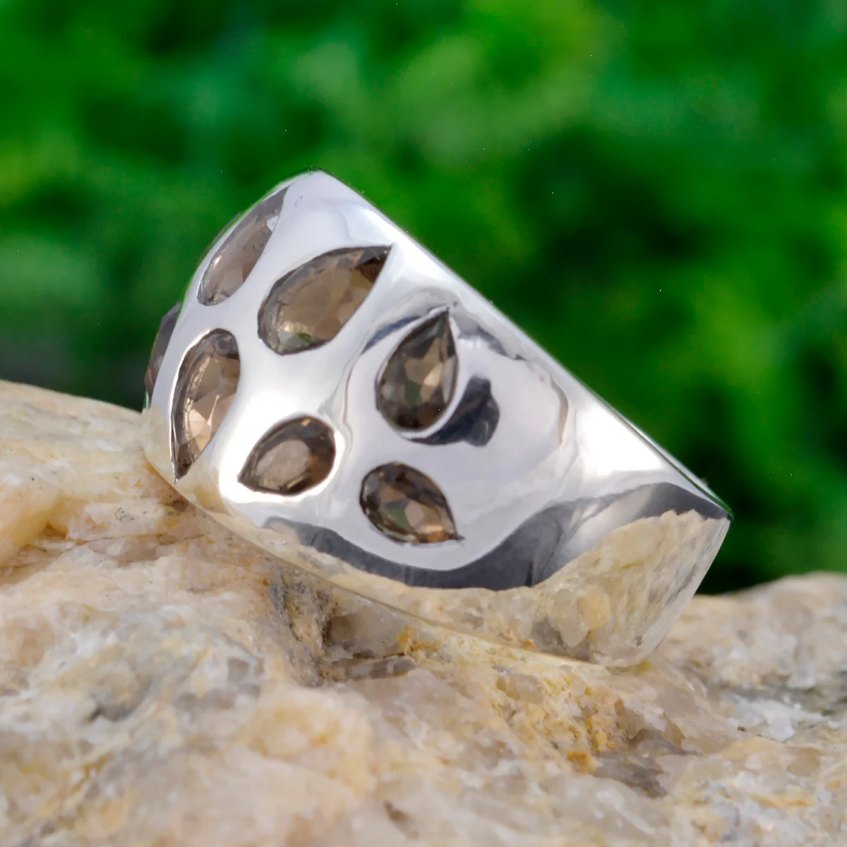 smoky quartz Navratna Spanish Silver Brown Gems Edgy Trendy Ring Jewelry - Image 3