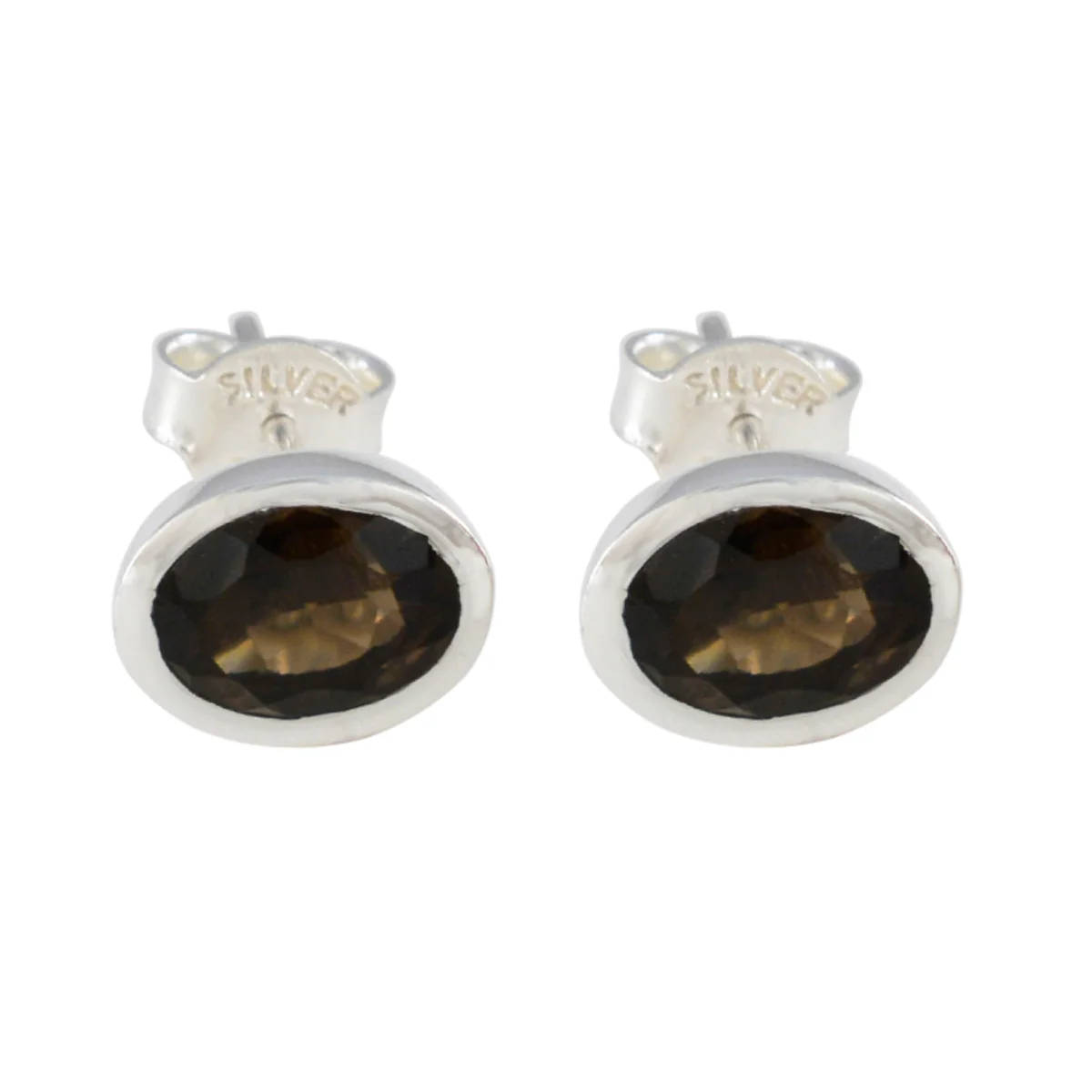 Smoky Quartz Russian Nari Solitaire Stud Brown Sterling Silver Earring