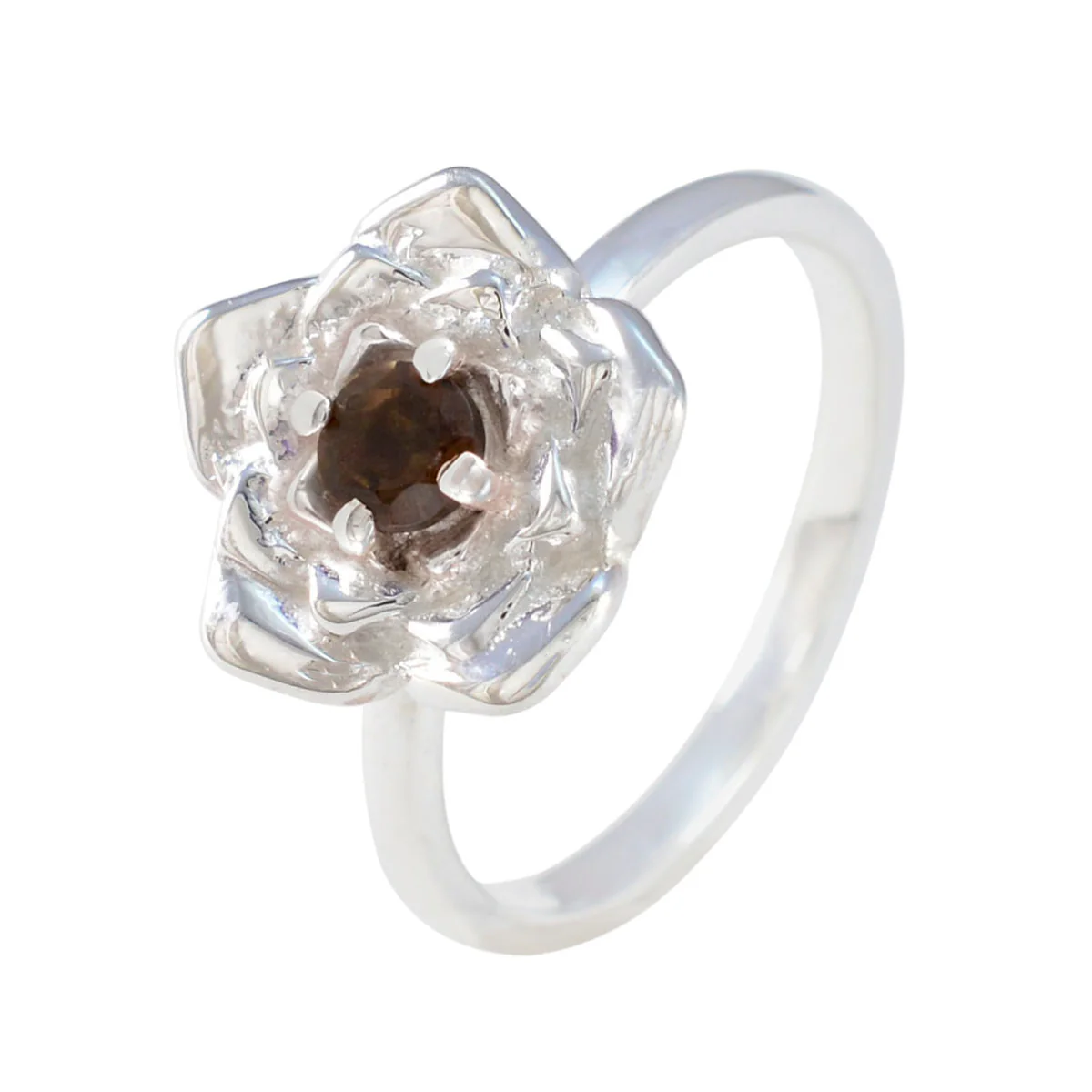 Smoky Quartz Solitaire Indian 92.5 Silver Brown Gemstone Tiny Floral Ring Jewellery - Image 2