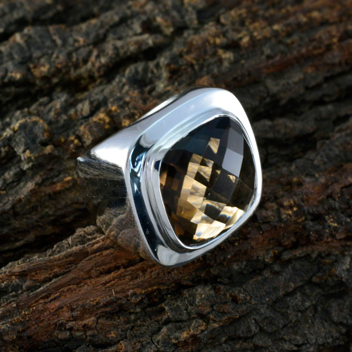 Smoky Quartz Solitaire Italian 925 Silver Brown Gems Chunky Signet Ring Jewelry - Image 3