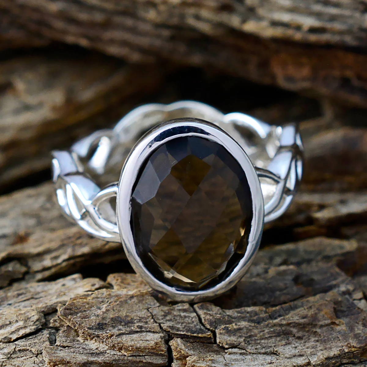 Smoky Quartz Solitaire Mexican Silver Brown Gemstone Minimal Rope-Wire Ring Jewelry - Image 3