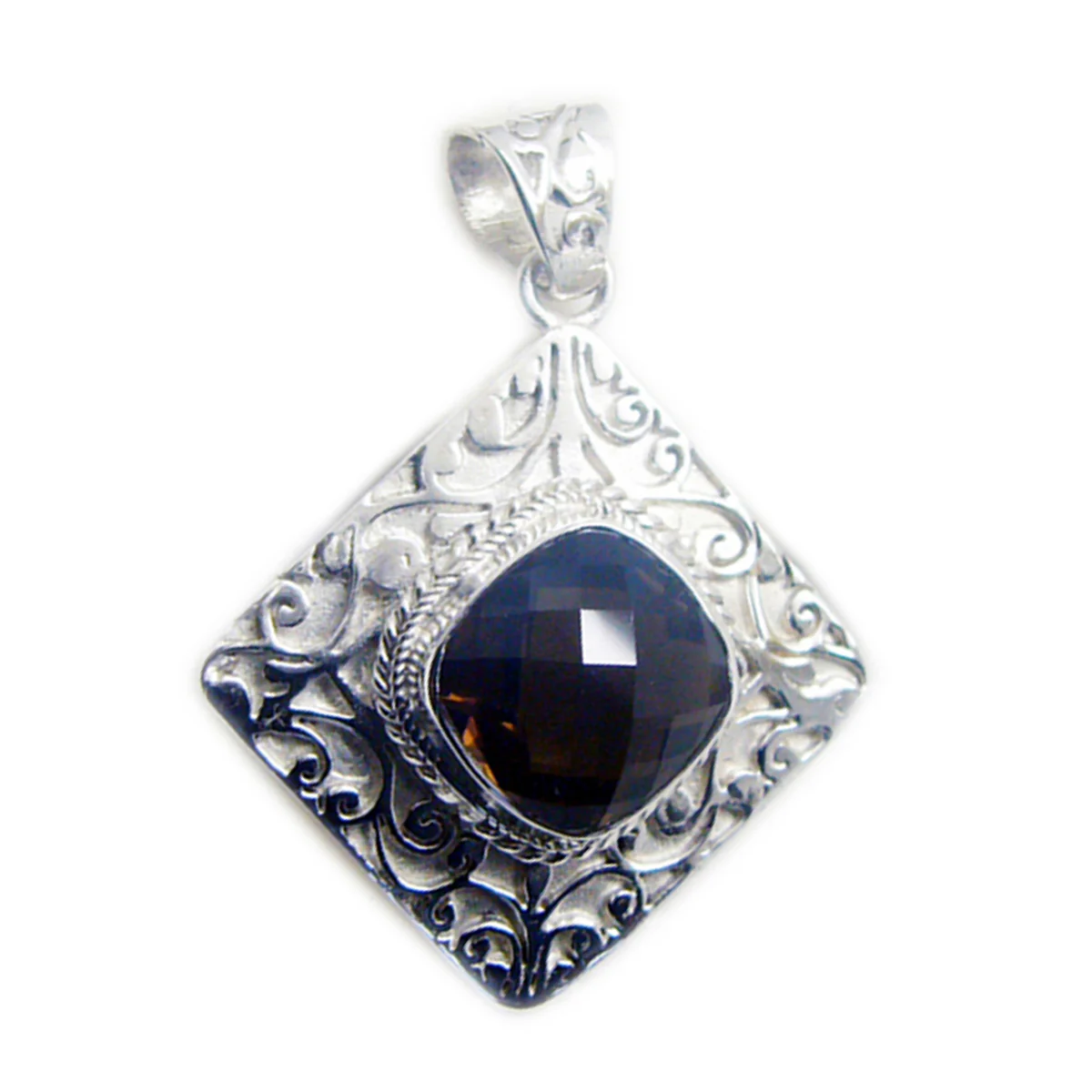 Smoky Quartz Statement French Sterling Silver Solitaire Penelope Vintage Brown Pendant Jewellery - Image 2
