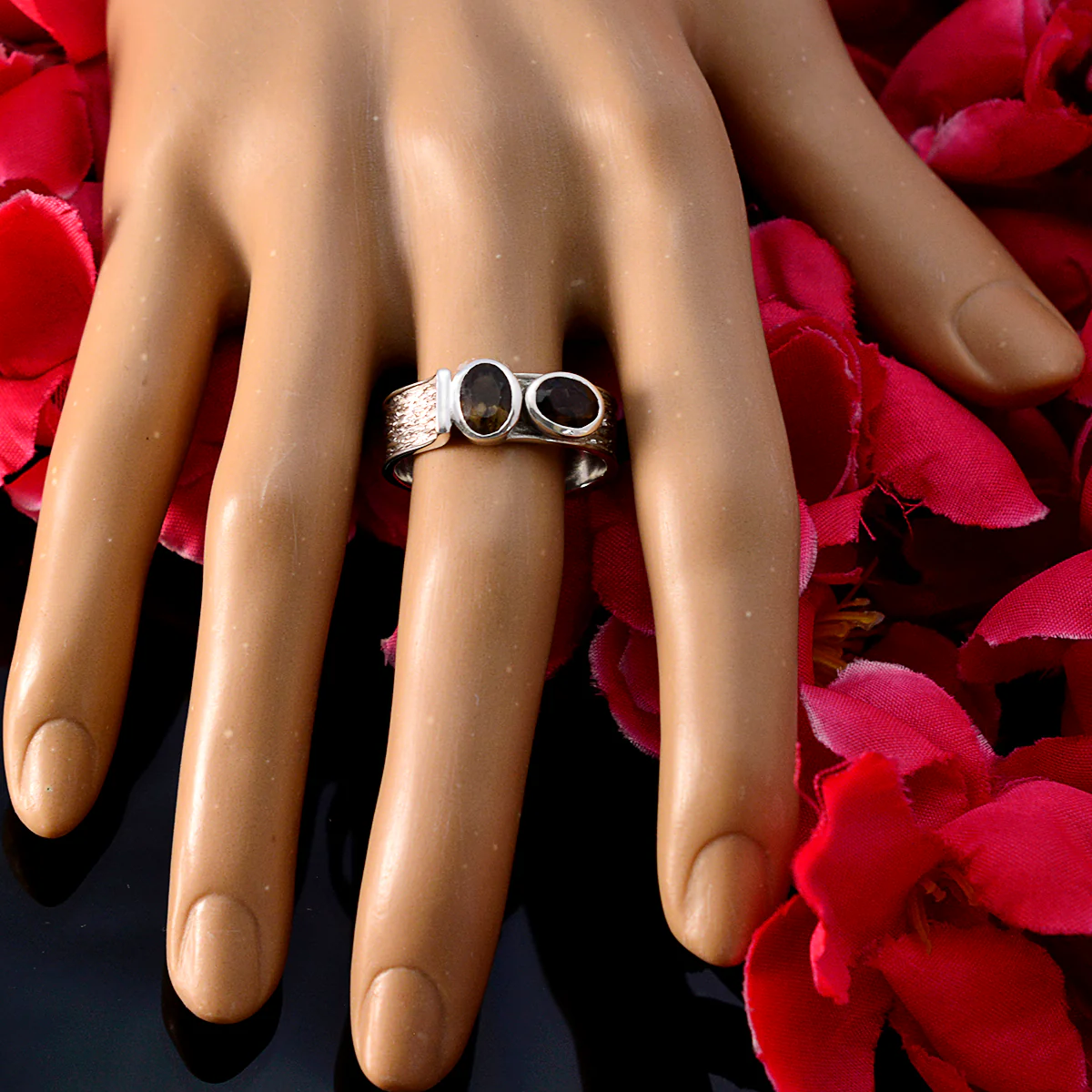 smoky quartz Toi et Moi African 92.5 Silver Brown Gemstones Tiny Feminine Ring Jewellery - Image 5