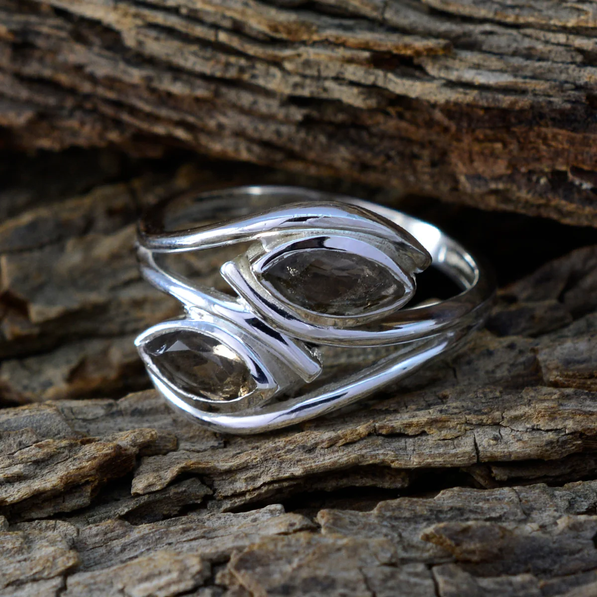 smoky quartz Toi et Moi African Sterling Silver Brown Gemstones Slim Cultural Ring Jewelry - Image 3