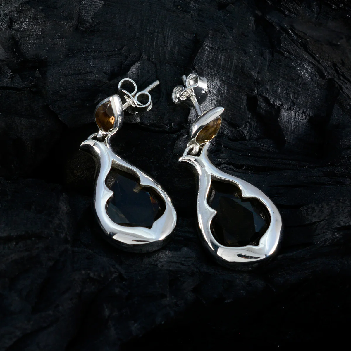 Smoky Quartz Turkish Isabelle Toi et Moi Stud Brown 925 Sterling Silver Earring - Image 2