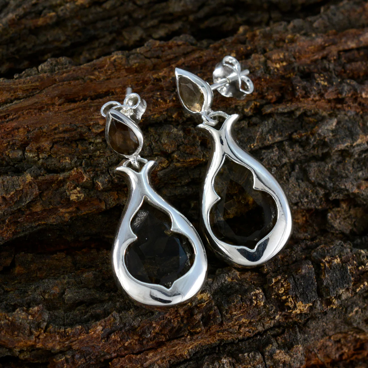 Smoky Quartz Turkish Isabelle Toi et Moi Stud Brown 925 Sterling Silver Earring - Image 3