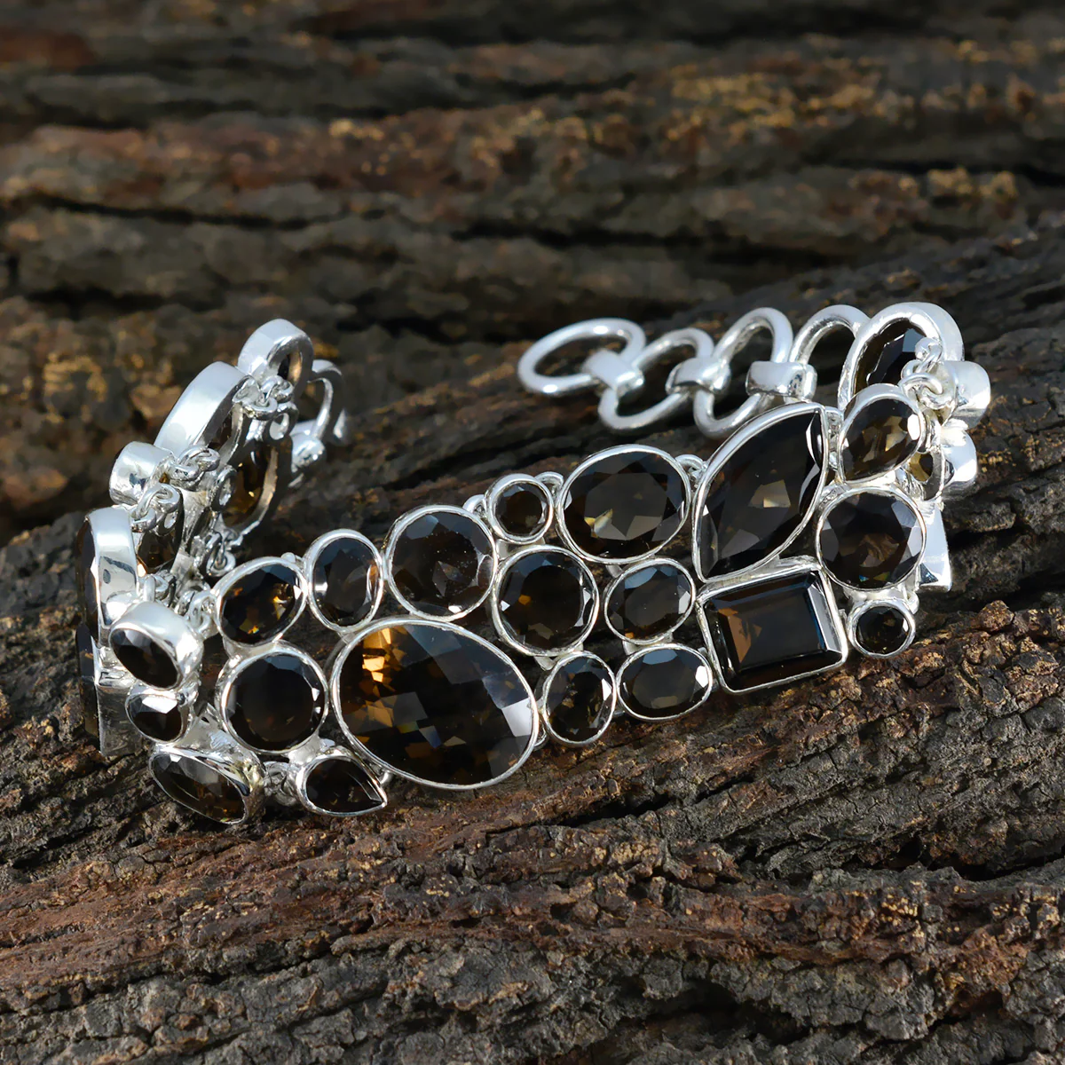 Smoky Quartz Valentine's Day Statement Brown Silver Links Bracelet - Image 4