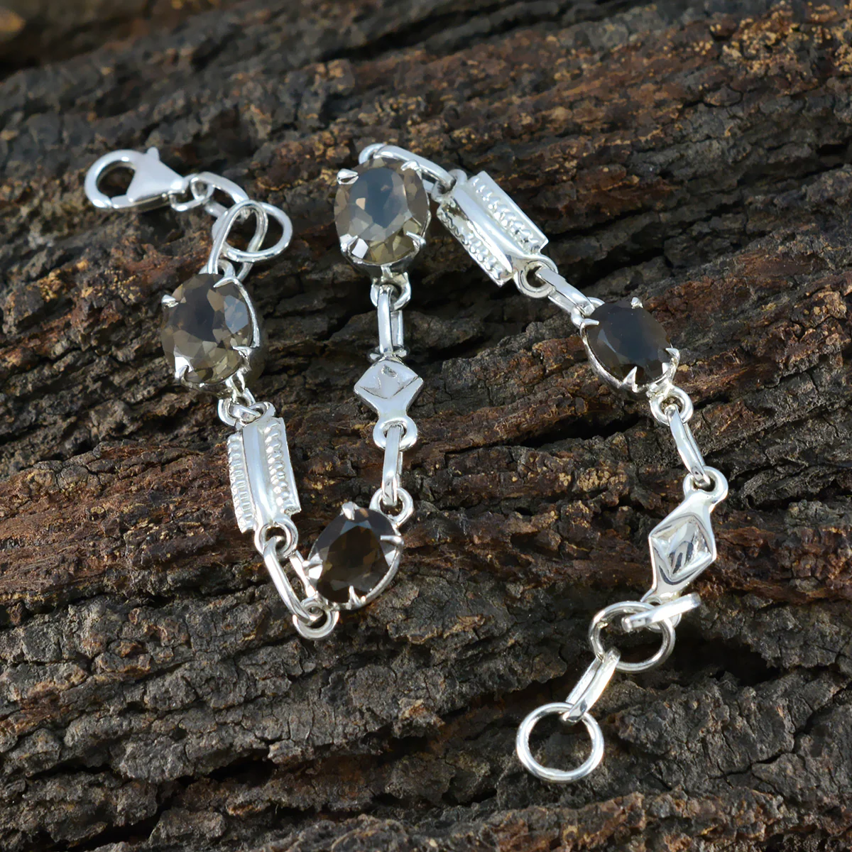 Smoky Quartz Winter Dainty Brown Silver Links Bracelet - Image 4