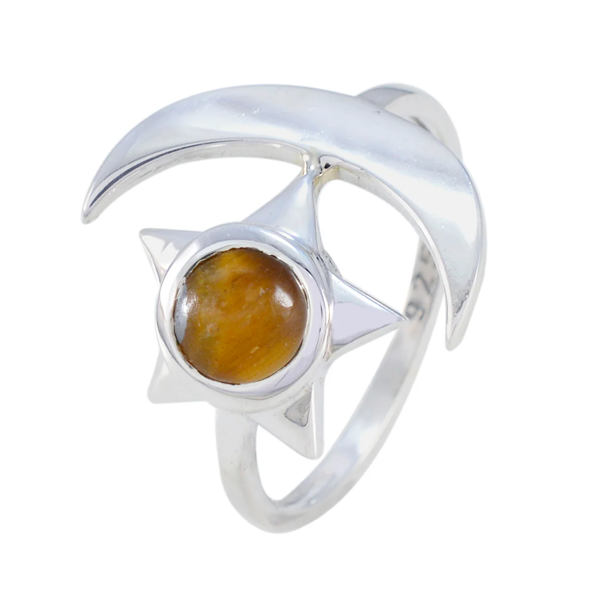 Tiger Eye Solitaire Indian Sterling Silver Brown Gemstones Slim Moon & Star Ring Jewellery - Image 2
