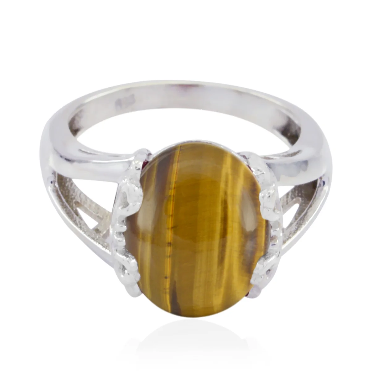 Tiger Eye Solitaire Russian Silver Brown Gems Classic Romantic Ring Jewelry