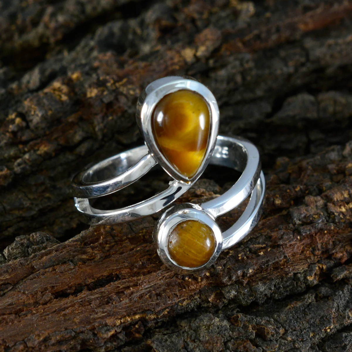 Tiger Eye Toi et Moi Indian 925 Silver Brown Gemstones Tiny Luxurious Ring Jewelry - Image 3