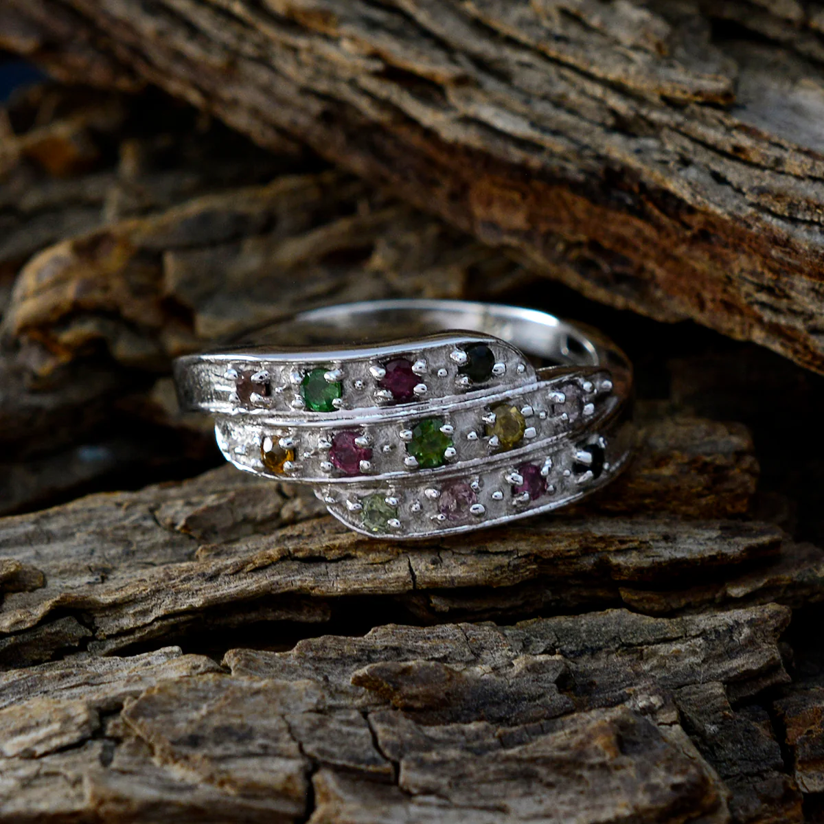 Tourmaline Halo Egyptian Sterling Silver multicolor Gems Slim Cultural Ring Jewelry - Image 4