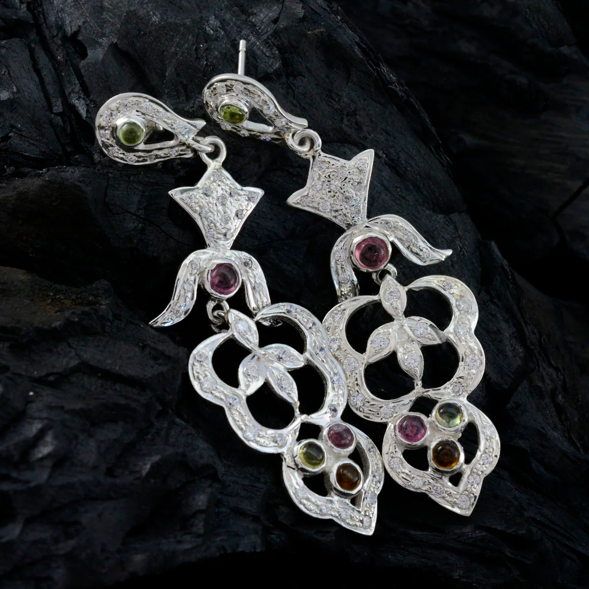 Tourmaline Indian Natcha multiple Stud multicolor Sterling Silver Earring - Image 4