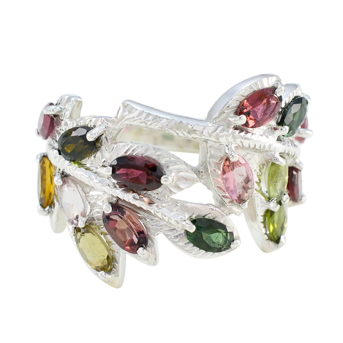 Tourmaline multiple French Sterling Silver multicolor Gemstones Eye-catching Abstract Ring Jewelry