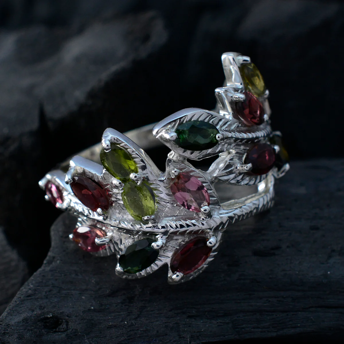 Tourmaline multiple French Sterling Silver multicolor Gemstones Eye-catching Abstract Ring Jewelry - Image 4