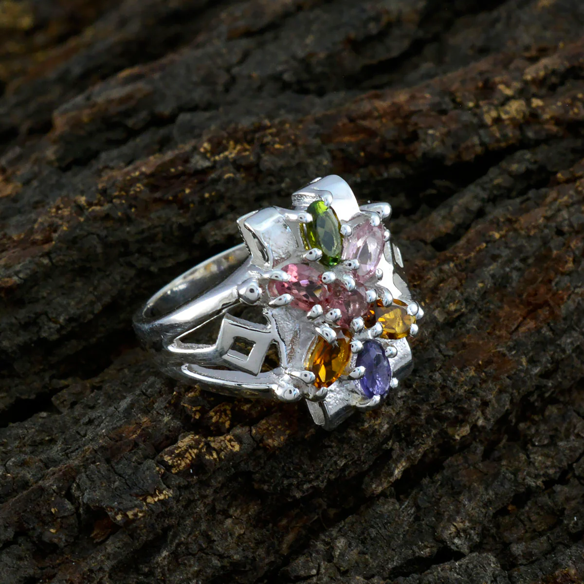 Tourmaline multiple German Sterling Silver multicolor Gemstone Mid-weight Trendy Ring Jewellery - Image 4