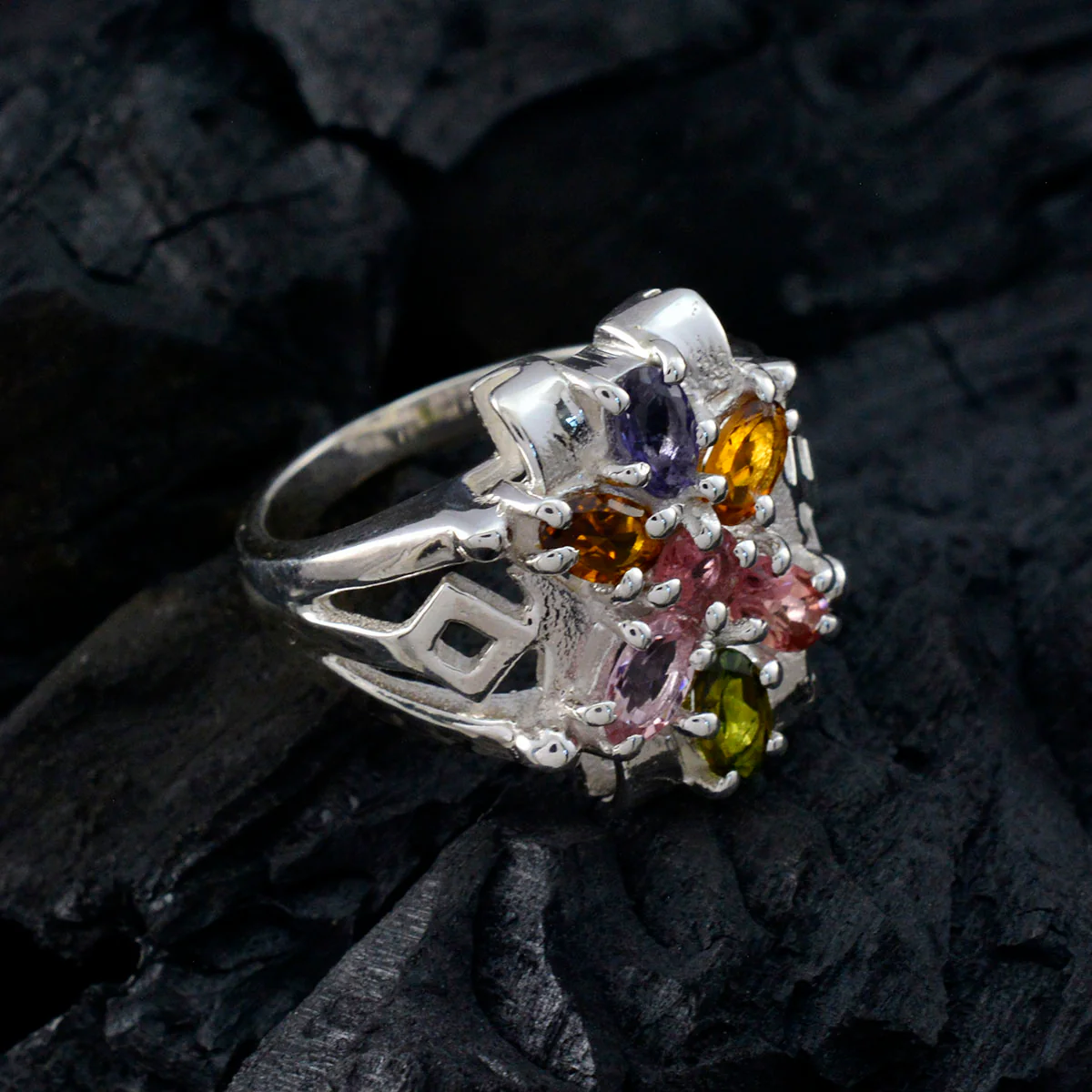Tourmaline multiple German Sterling Silver multicolor Gemstone Mid-weight Trendy Ring Jewellery - Image 5