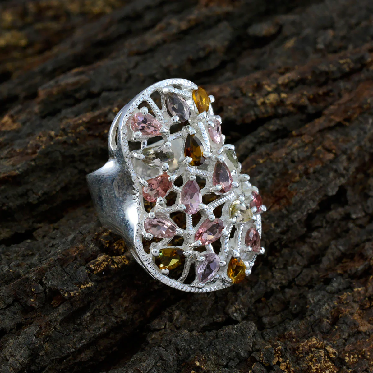 Tourmaline multiple Italian 925 Sterling Silver multicolor Gemstones Statement Ethnic Ring Jewellery - Image 4