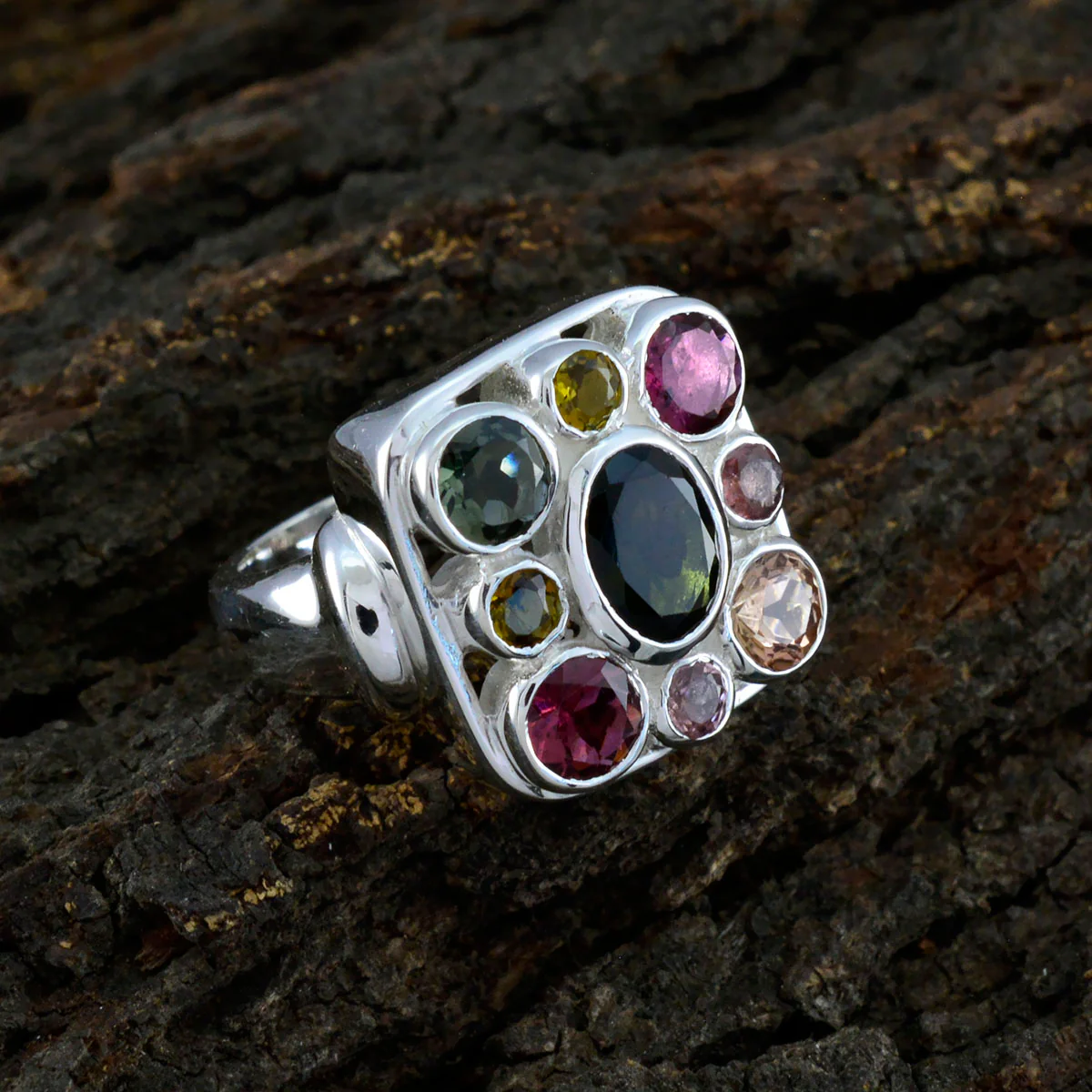 Tourmaline Navratna French Silver multicolor Gemstone Chunky Signet Ring Jewellery - Image 3