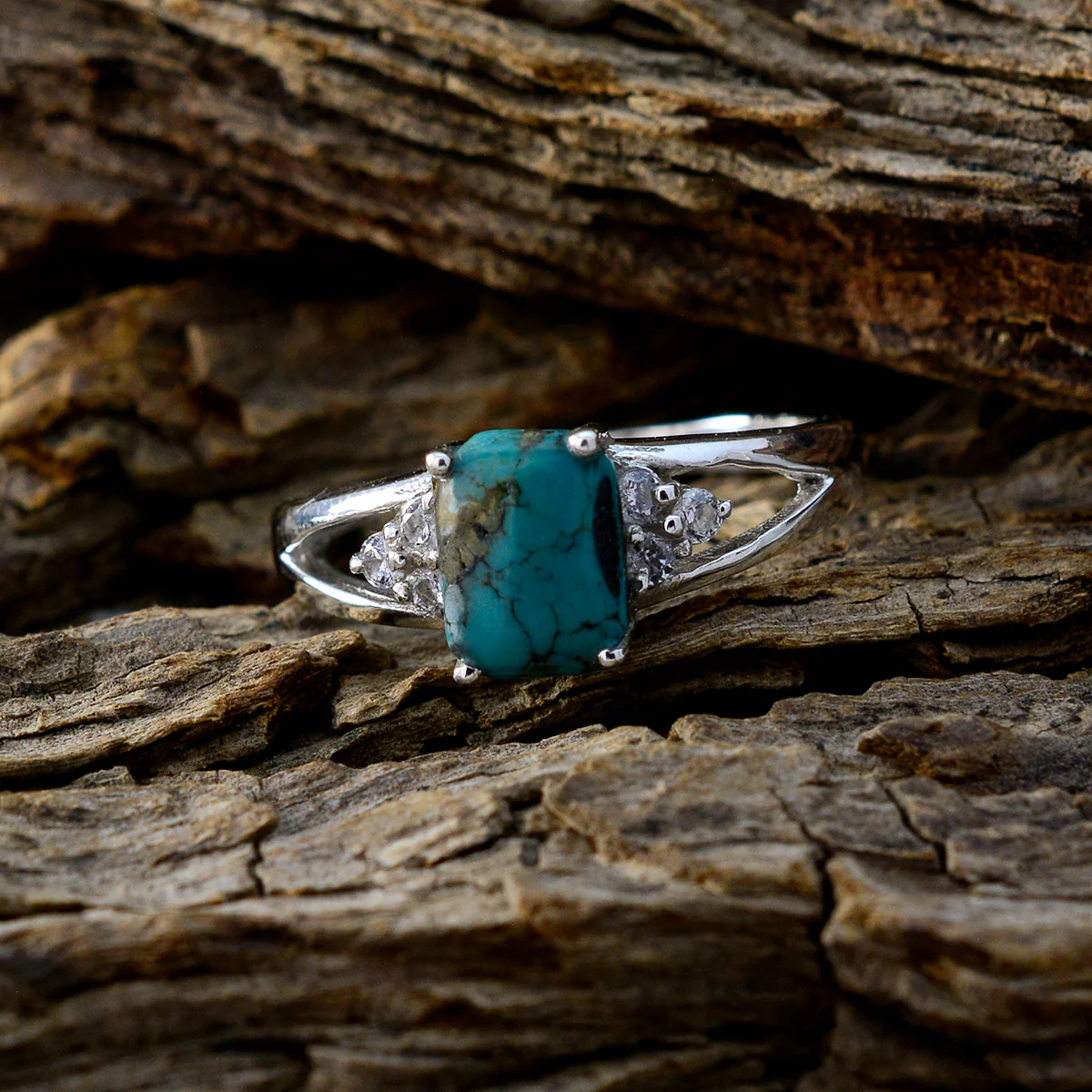 Turquoise Halo American Silver Blue Gemstone Delicate Abstract Ring Jewellery - Image 3
