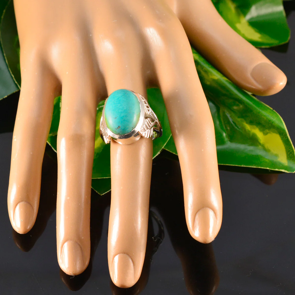 Turquoise Solitaire French 92.5 Silver Blue Gemstone Statement Leafy Ring Jewelry - Image 6
