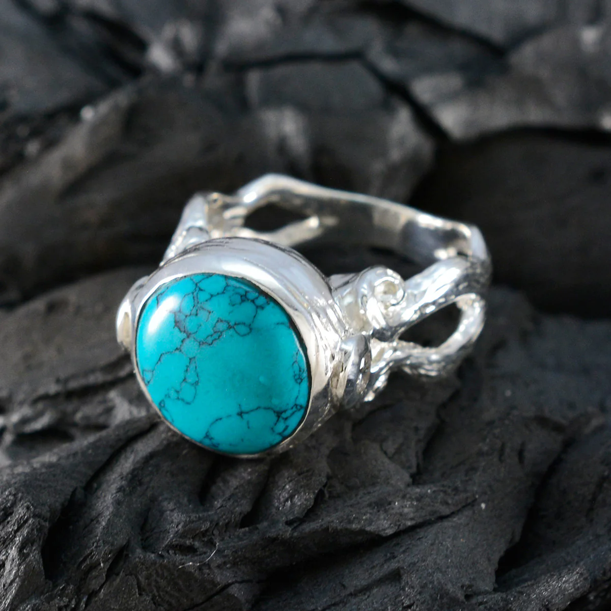 Turquoise Solitaire French 925 Silver Blue Gemstone Versatile Abstract Ring Jewelry - Image 4