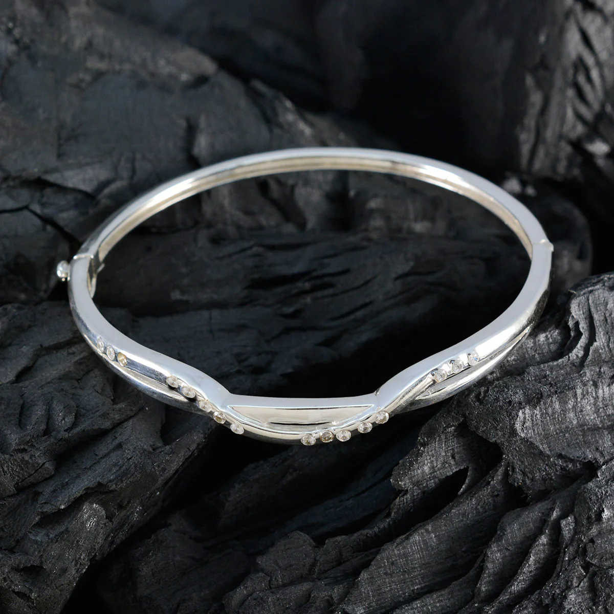 White CZ Mental Health Day Slim White Silver Hinged Bangle Bracelet - Image 5